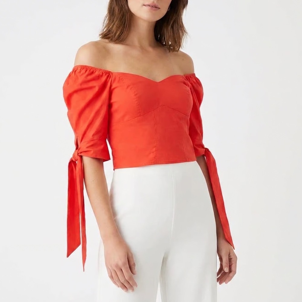 Express Womens Orange Red Puff Sleeve Smocked Back Tie Cuff Crop Top M NEW